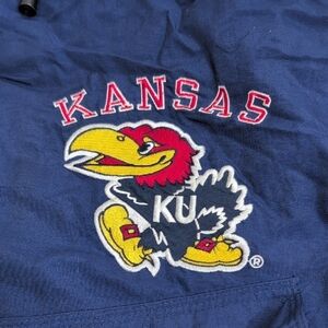 Vintage KU Kansas Jayhawks Mirage Blue Zipper Puffer Hooded Coat Embroidered Med